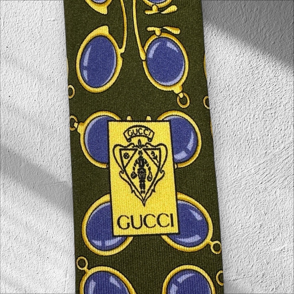 GUCCI Vintage Silk Avocado, Purple & Gold Neck Tie Glasses Spectacles Print - Picture 3 of 13